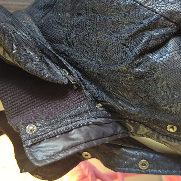 Blk Lace Covered Puffy Bomber Jacket w/ Removable Hood - Picture 2 of 6